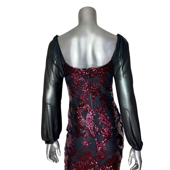 Jump Apparel Black Burgundy Damask Sequin Bodycon Mini Dress - Picture 9 of 11